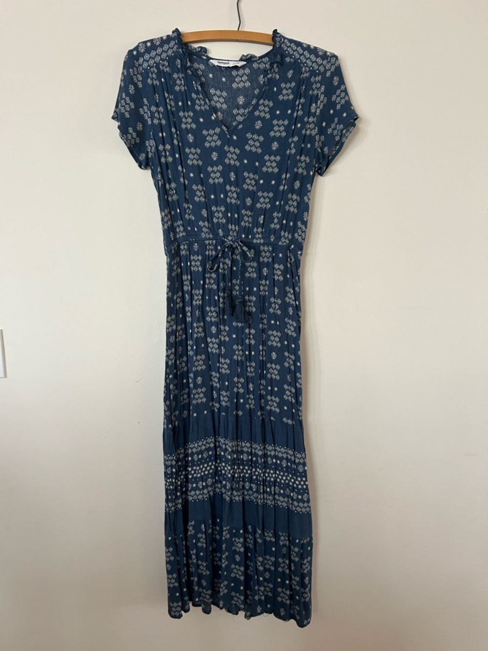Sonoma Blue Printed Short-Sleeve Maxi Dress with Tie Waist